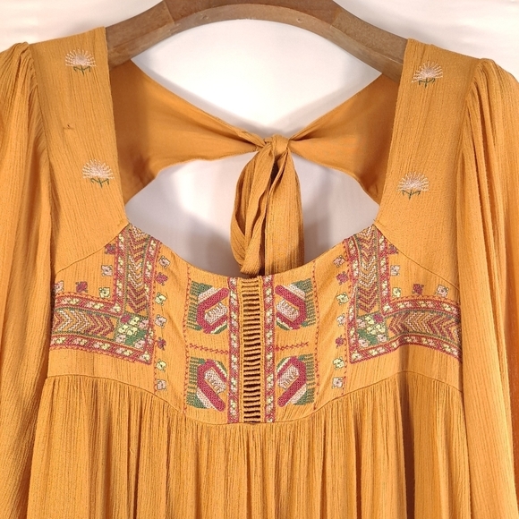 Free People Rhiannon Mustard Embroidered Mini Dress Boho - Sz Small - Picture 6 of 15